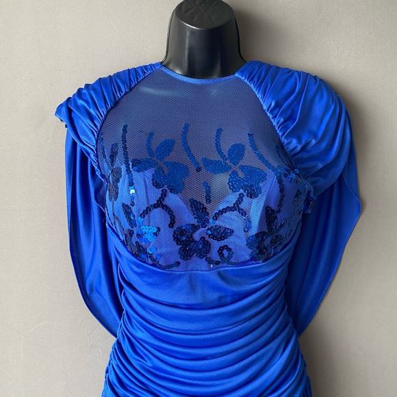 Climax by Karen Okada sz 8 Blue Sequin Sheer Midi Vintage Cocktail Dress - Picture 3 of 13